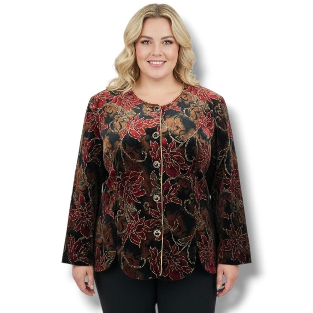 Dressbarn Floral Velvet Jacket 18W Women Black Red Gold Dressy Holiday Christmas